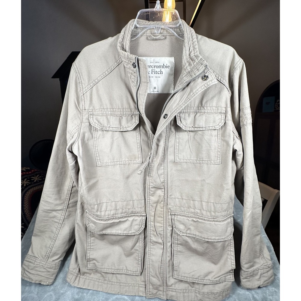 VTG Abercrombie & Fitch Khaki Utility Cargo Military Jacket Chore Coat Men M Y2K